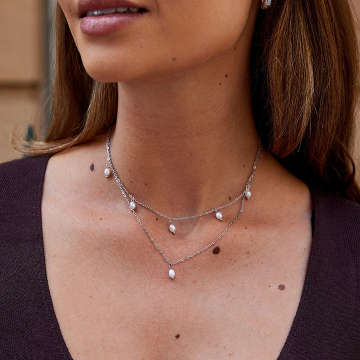 Kayla Pearl Drop Layered Silver Necklace